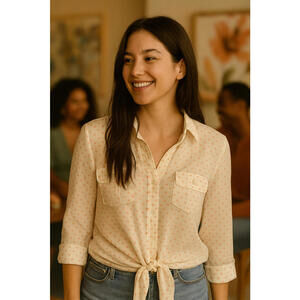 Pearl Blouse Women’s L Polka Dot Button Front Tie Hem Top Long Sleeve Preloved